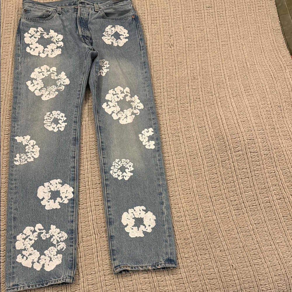 Blue Straight Leg Jeans with White Floral Design